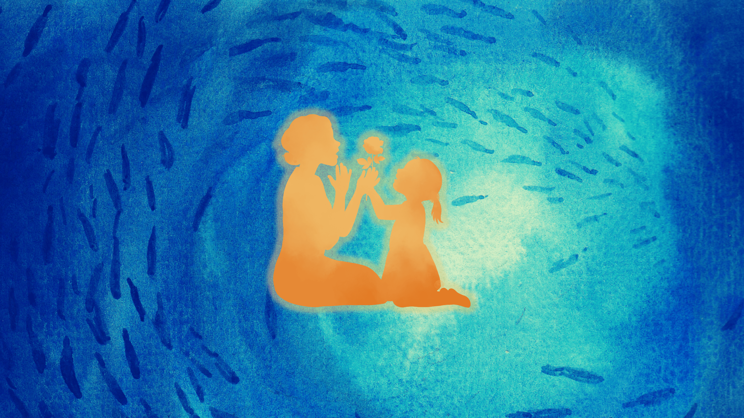 silhouette of a parent and child holding a flower in front of watercolor of fish swimming in circle deep in ocean